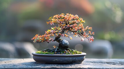 Bonsai tree with intricately twisted branches and small leaves, highlighted by a neutral backdrop