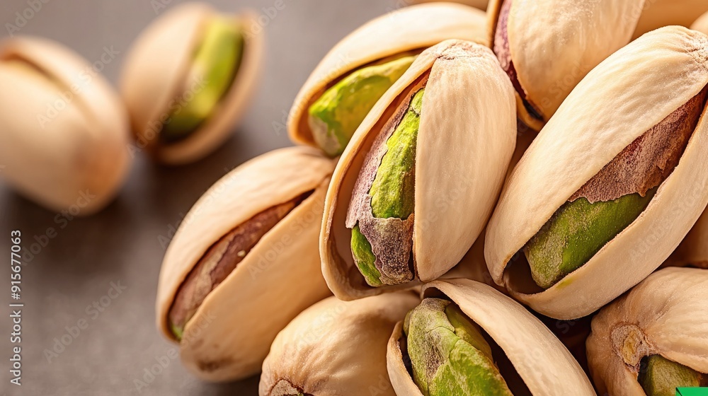 Poster close-up view of fresh pistachios in their shells on a textured background