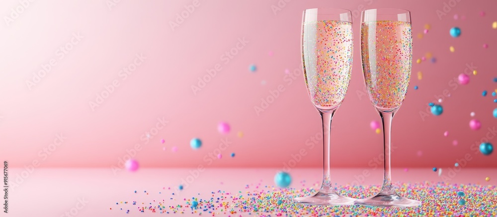 Aufkleber Champagne glasses with sprinkles on a colorful background. with copy space image. Place for adding text or design