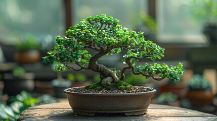 Bonsai tree with intricately twisted branches and small leaves, highlighted by a neutral backdrop
