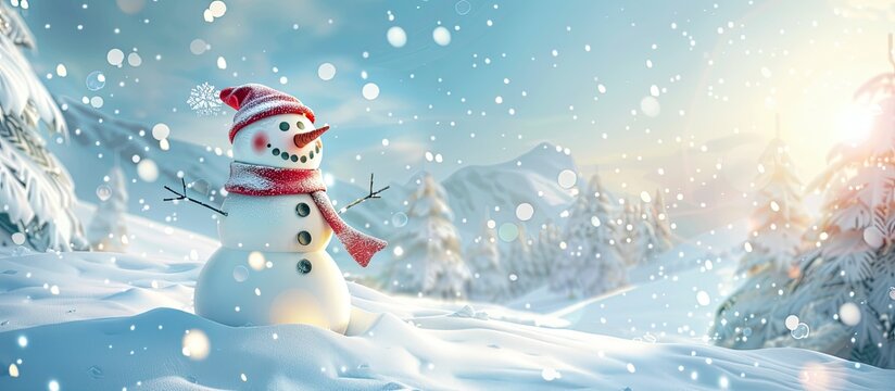 Joyful snowman skiing in the snow under a snowy sky with copyspace for a winter or Christmas message
