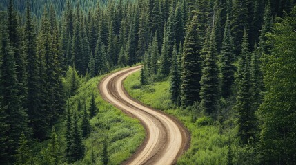 Fototapeta premium Dirt road winding through pine forest, rugged and wild