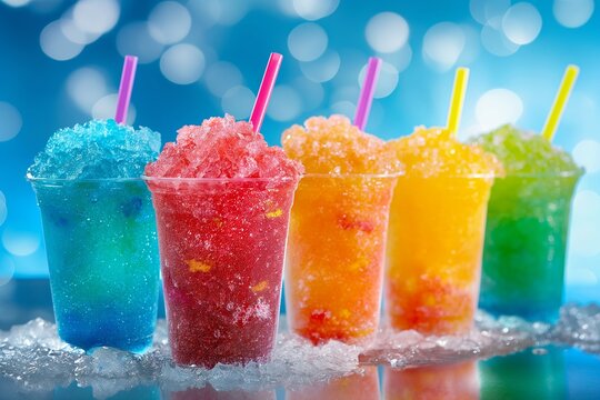 Colorful frozen slush drinks with straws on blue bokeh background. Image for smoothie bar advertising and menu.