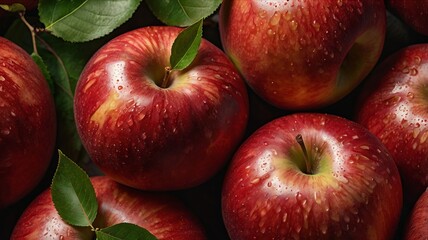 Close up of fresh apple fruit background with leaves, top view. Photorealistic high resolution macro photography for advertising or food design.