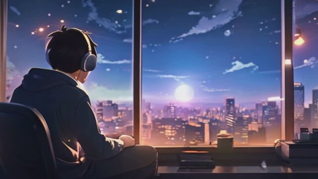 Anime Boy Relaxing with Lofi Beats