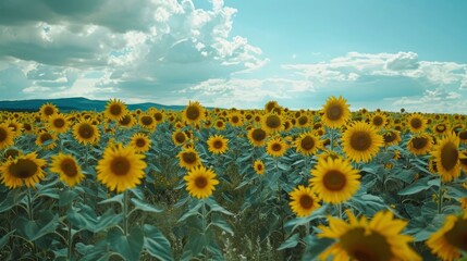 Obraz premium A vibrant field of sunflowers under a dramatic sky.