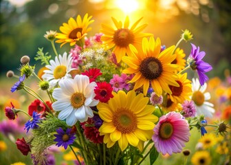 Obraz premium Vibrant bouquet of colorful summer flowers including sunflowers, daisies, and cosmos, beautifully arranged against a soft, warm, and blurred natural outdoor background.