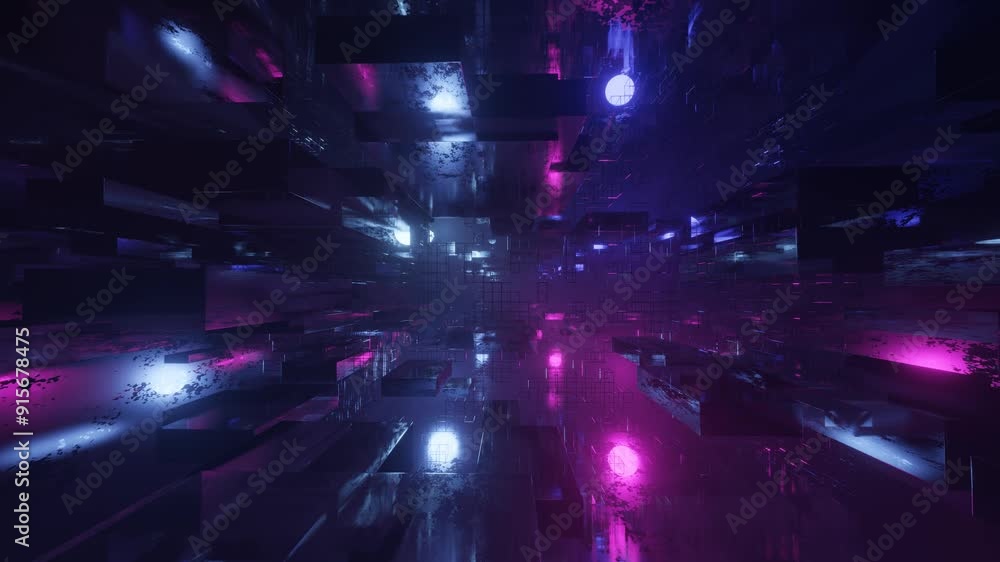 Poster fly through technology cyberspace with neon glow. sci-fi flight through hi-tech technology tunnel. h