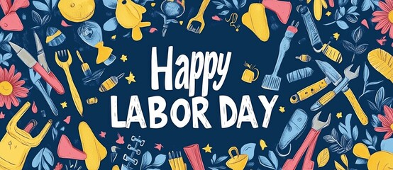 Happy Labor Day Banner with Tools and Flowers