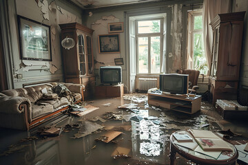 Flooded Living Room Chaos: Sofa, TV, and Furniture Afloat in Muddy Waters