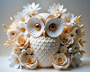 3D gold and white flower sculpture with owl