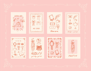 Collection of 8 coquette pink posters in charming girly trendy style. Vintage feminine cards with victorian accessories: bows, ribbons, feathers, mirrors, jewelry, décor. Soft beige and pink colors