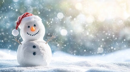 Happy snowman standing in christmas landscape. Snow background with copy space