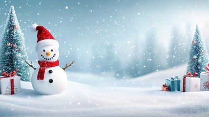 Obraz premium Happy snowman standing in christmas landscape. Snow background with copy space