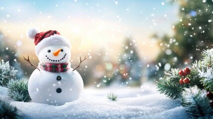 Happy snowman standing in christmas landscape. Snow background with copy space
