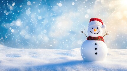 Obraz premium Happy snowman standing in christmas landscape. Snow background with copy space