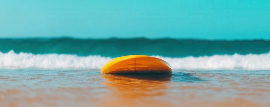 A vibrant yellow surfboard floating on calm ocean waters, perfect for summer adventures and beach activities.