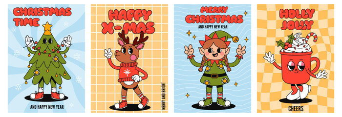 Fototapeta premium Groovy hippie Christmas cards. Retro Santa, smile, elf, deer, cocoa, Christmas tree in trendy retro cartoon style. Comic 70s holiday cards. Cartoon funny characters and elements. Vector illustration