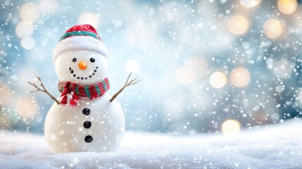 Happy snowman standing in christmas landscape. Snow background with copy space