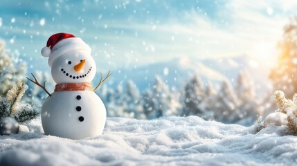 Obraz premium Happy snowman standing in christmas landscape. Snow background with copy space