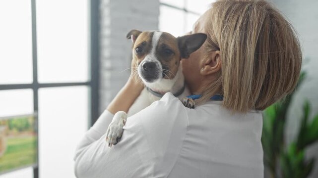 A mature caucasian woman with blonde hair holds a small dog in a veterinary clinic, displaying a caring and professional atmosphere indoors.