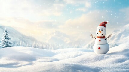 Obraz premium Happy snowman standing in christmas landscape. Snow background with copy space
