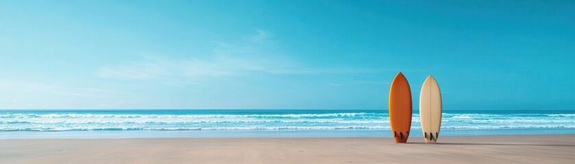 Obraz premium Two surfboards stand on a sandy beach against a vibrant blue ocean, evoking relaxation and adventure in a sunny coastal paradise.