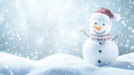 Happy snowman standing in christmas landscape. Snow background with copy space
