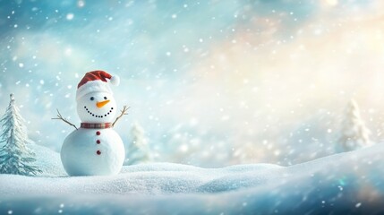 Fototapeta premium Happy snowman standing in christmas landscape. Snow background with copy space