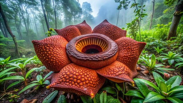 A massive Rafflesia arnoldii, the world's largest individual flower, blooms Rarely seen in its natural habitat, this parasitic plant grows in the dense, misty forest understorey.