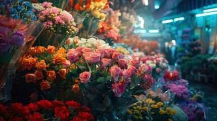 Fototapeta premium A vibrant flower market with fresh flowers and an array of colors.