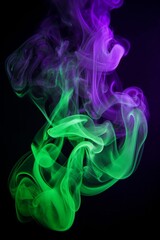 Abstract colorful smoke art in purple and green hues on a dark background.