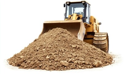 A high-detail bulldozer pushing dirt on a white background