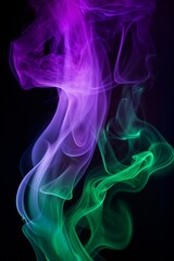 Fototapeta premium Abstract colorful smoke art in purple and green hues on a dark background.