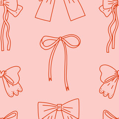 Seamless pattern of different coquette bows on a soft pink background. Bows pattern. Red ribbons on pink backdrop. Perfect for wrapping paper