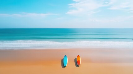 Obraz premium A serene beach scene featuring two surfboards resting on golden sand beside a tranquil blue ocean under a bright sky.