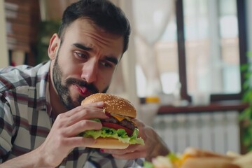 Man with a playful expression holding a tasty burger