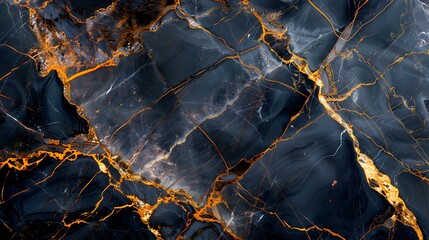 Aerial view of black marble with striking gold veins, highlighting the luxurious patterns under natural sunlight. --ar 16:9 --v 6.0 --s 250 --style raw