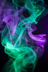 Abstract colorful smoke art in purple and green hues on a dark background.