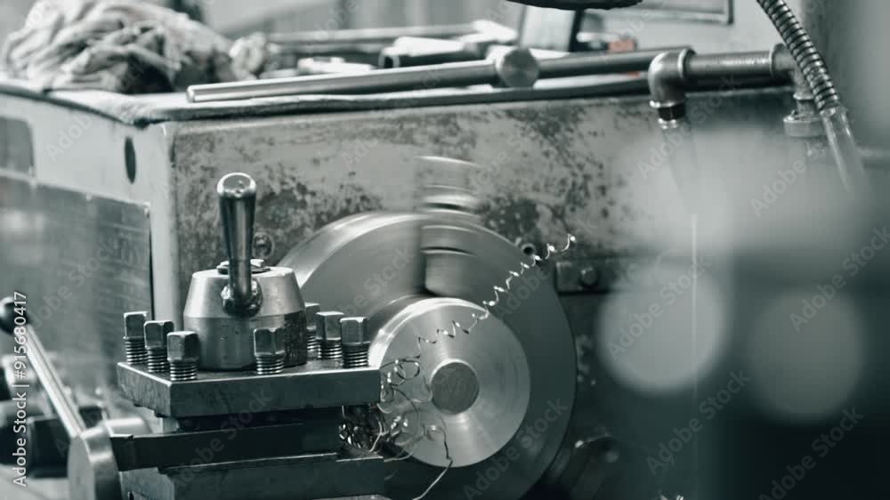 Poster metal lathe in workshop shaping cylindrical object, producing shavings. close-up view of operational