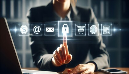 Worker using laptop and clicking on virtual holographic network security icon. Disable cloud security. generative AI