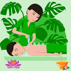 Massage vacuum cups. Treatments by professional therapist in spa. Vacuum therapy. Cup massage. Isolated flat vector illustration. Asian ethnicity.