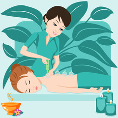 Massage vacuum cups. Treatments by professional therapist in spa. Vacuum therapy. Cup massage. Isolated flat vector illustration. European ethnicity.