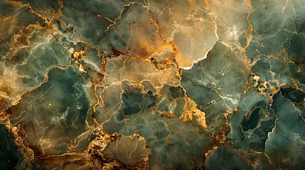 Aerial view of earthy brown marble with green and gold veins, bathed in soft morning light to highlight its forest floor-inspired patterns. --ar 16:9 --v 6.0 --s 250 --style raw