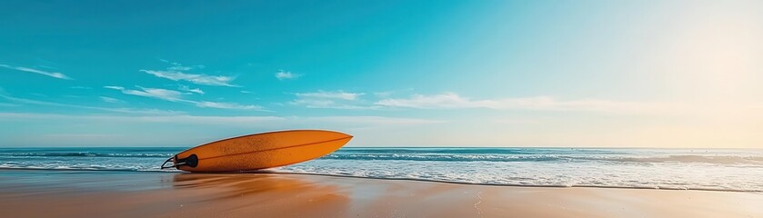 A vibrant beach scene featuring a yellow surfboard resting on the sand, illuminated by the warm glow of the sun.