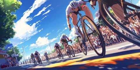 Dynamic Anime-Style Cycling Race: Speeding Bicycles and Cheering Crowds in an Energetic Street Competition