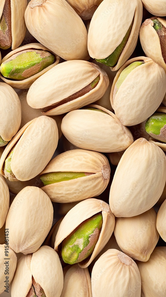 Poster close-up of pistachio nuts with shells and kernels on a neutral background
