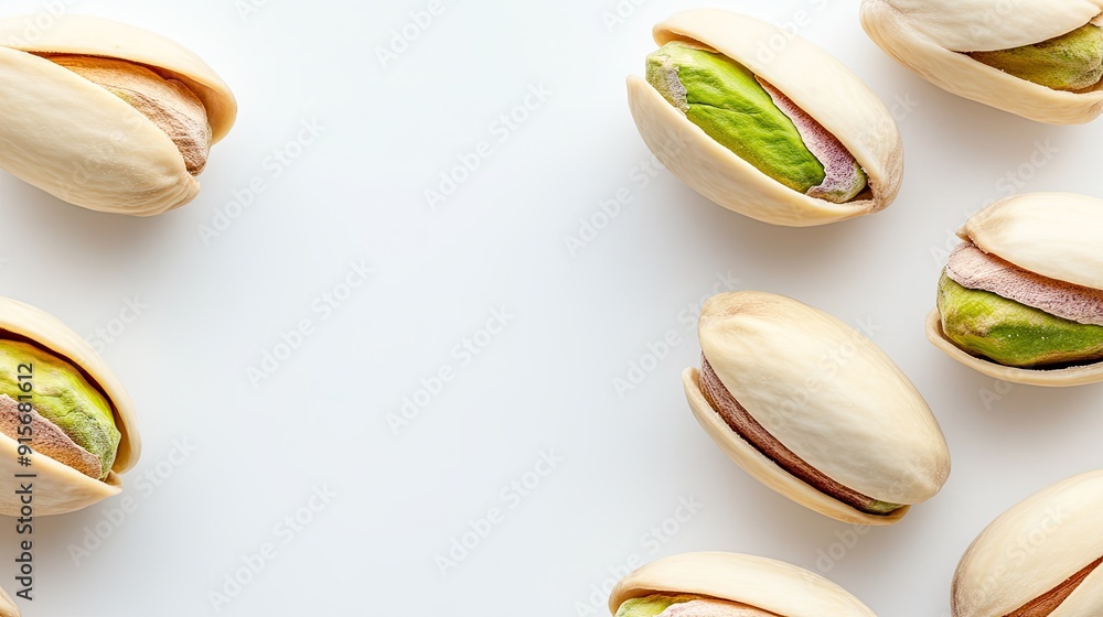 Poster a close-up view of pistachio nuts in closed shells on a white background