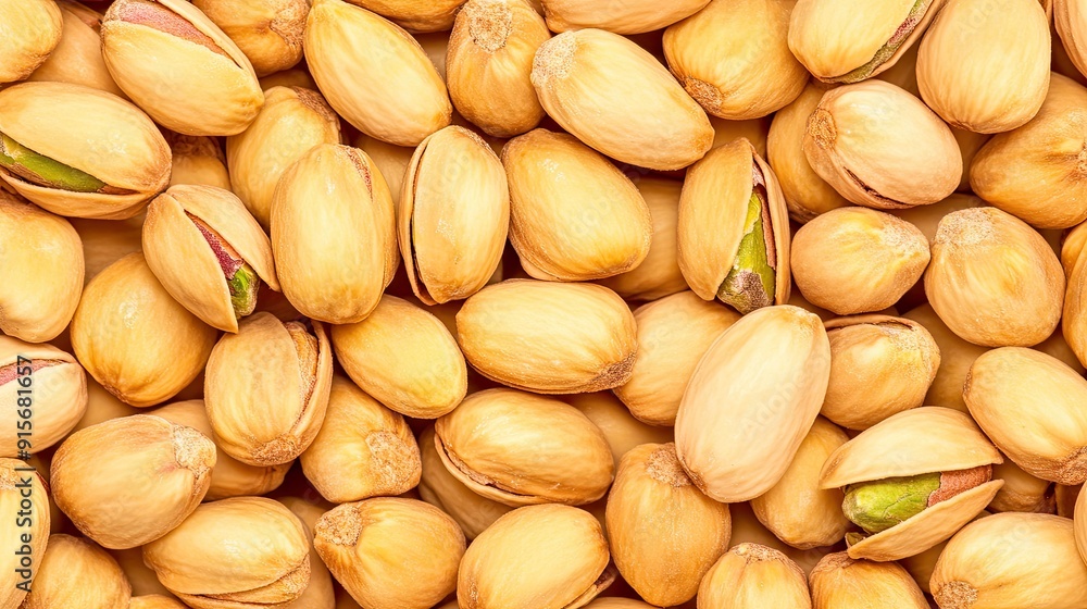 Poster close-up view of pistachio nuts with closed shells on a white background