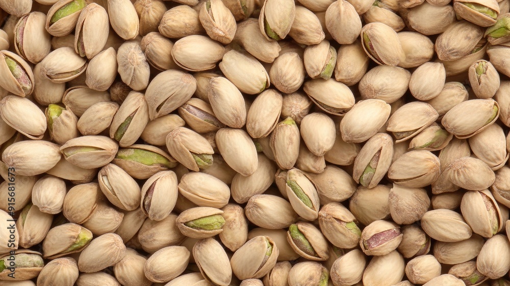 Poster close-up view of pistachio nuts with closed shells on a white background for design purposes